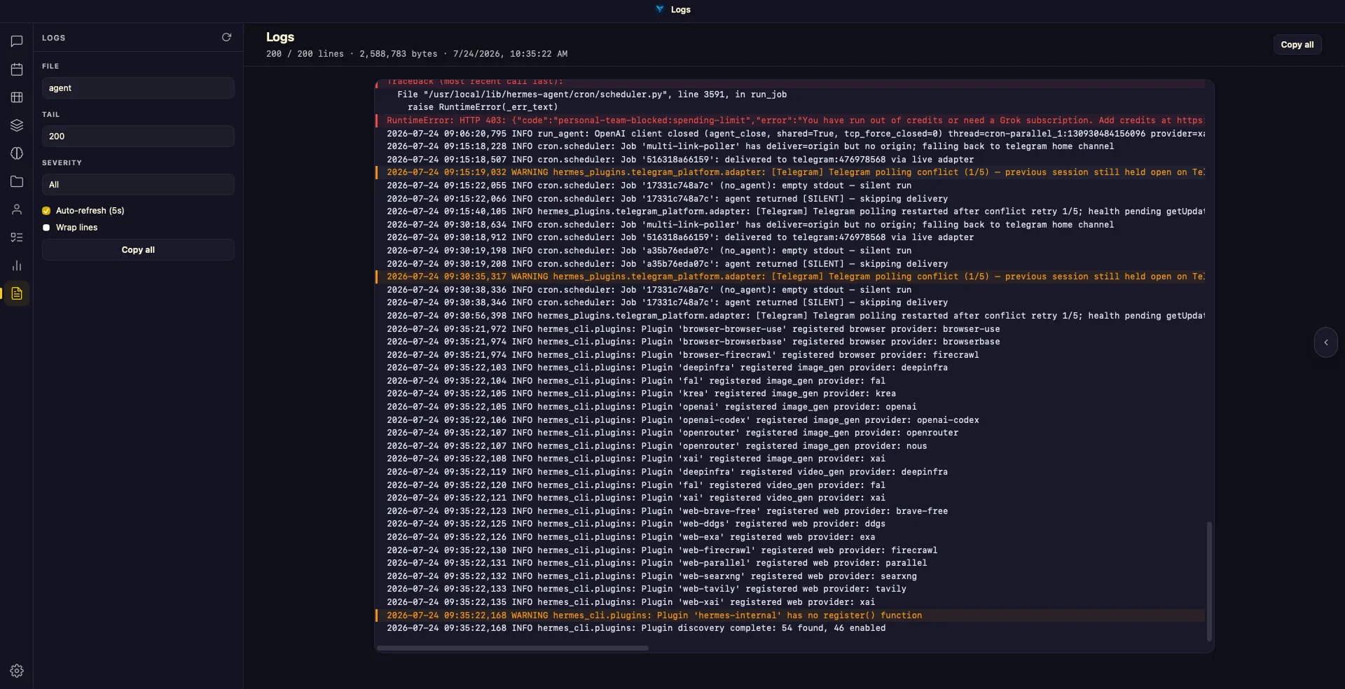 Hermes agent log stream showing cron scheduler jobs delivering to Telegram and plugin discovery registering 54 providers