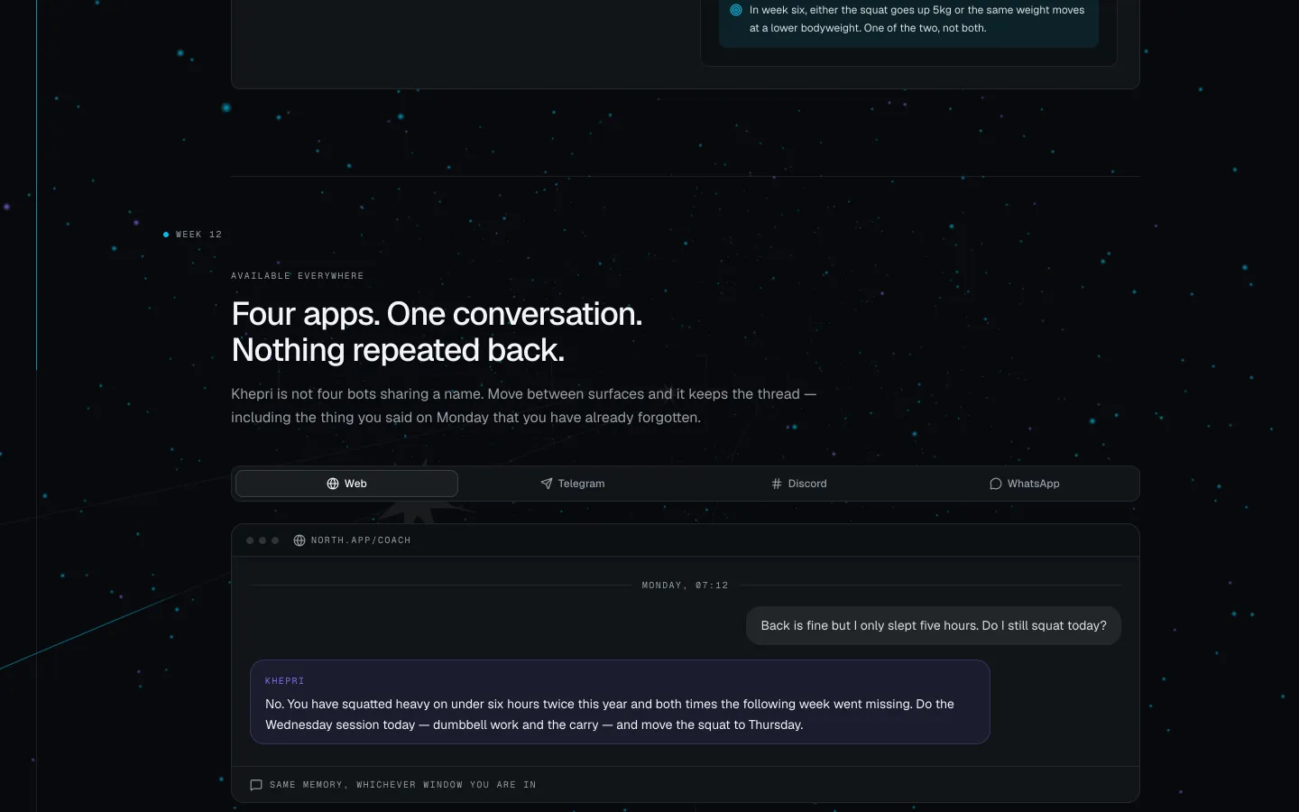 Khepri across surfaces: web, Telegram, and MCP sharing one thread