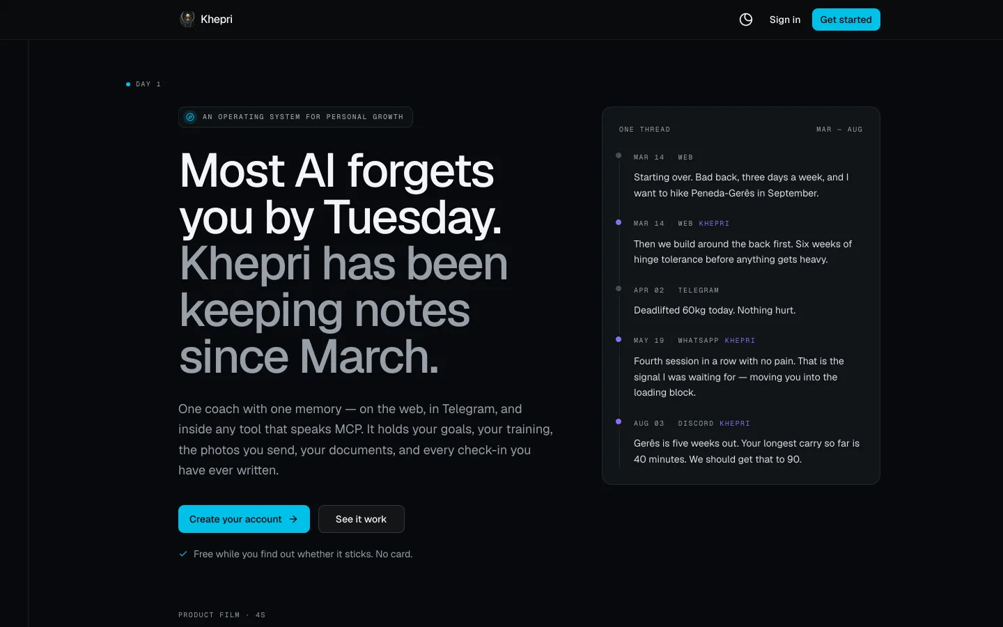 Khepri landing: one coach with one memory across web, Telegram, and MCP