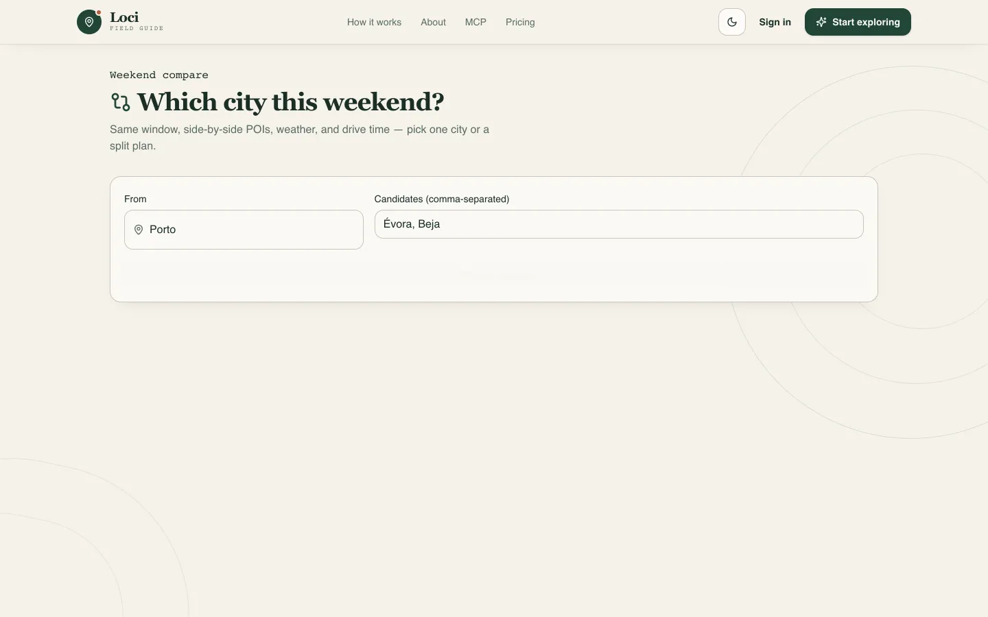Loci compare: two candidate cities side by side