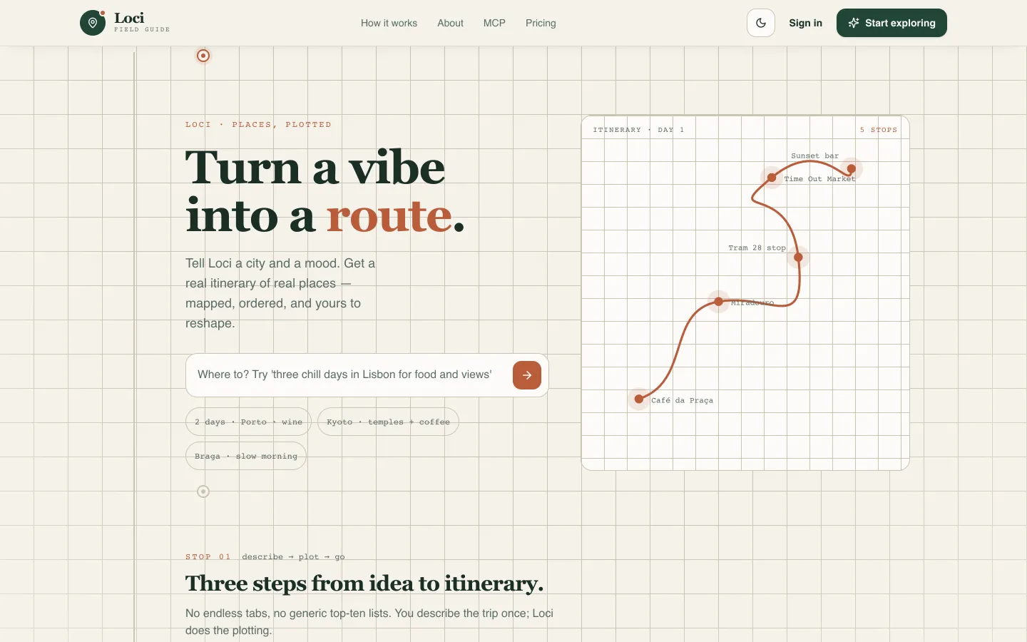 Loci landing: turn a vibe into a route of real places