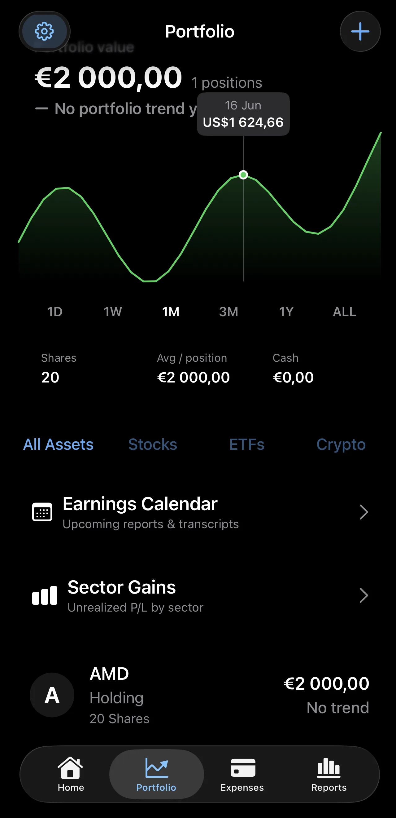 Portfolio holdings with live prices and day change