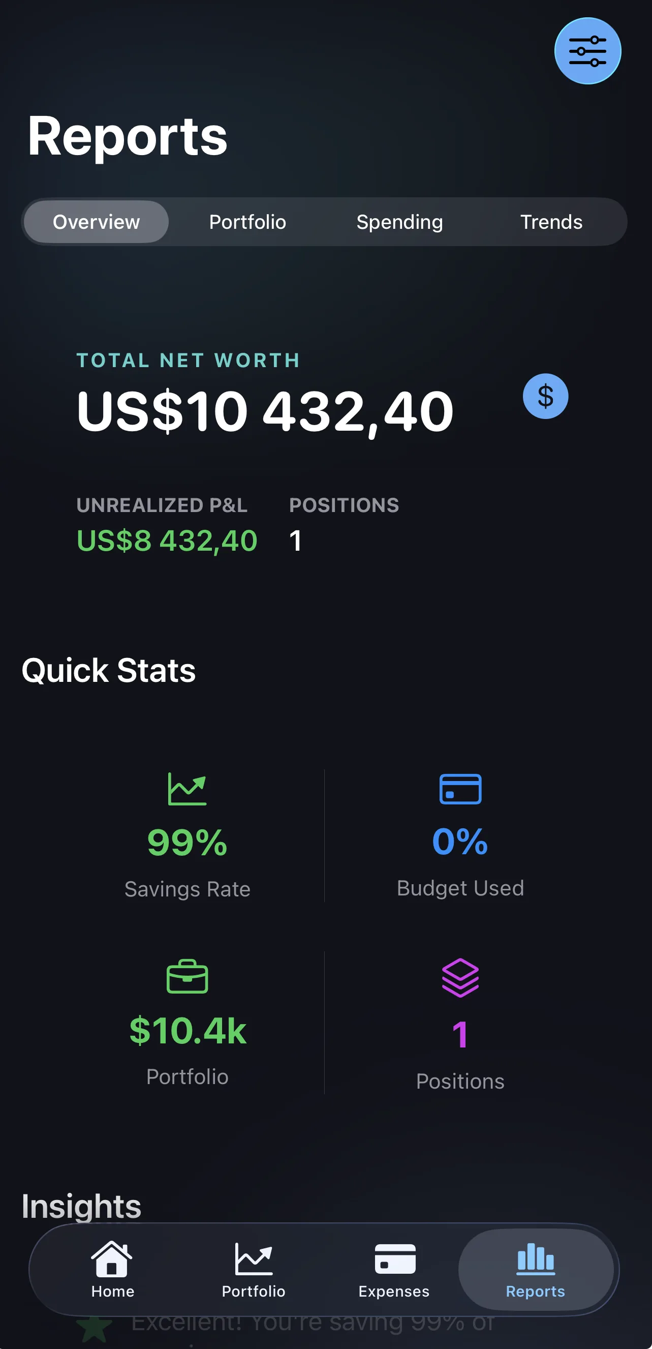 Monthly report comparing spending, saving, and investing