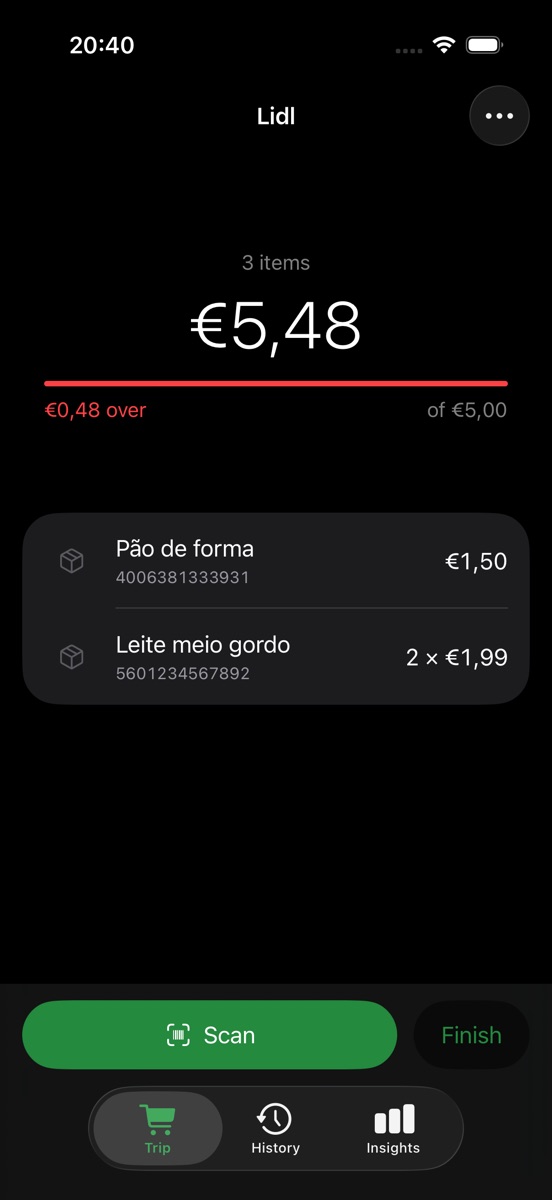 A ScanItNow trip: three items, a total of €5,48 and a red bar showing €0,48 over the €5,00 limit